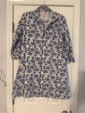 Victoria Dunn Block Print Shirt Dress Blue Short Collar 3/4 sleeve